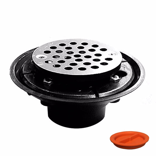 Jones Stephens D50311TP 2" x 3" ABS Shower Drain with 2" ABS Spud and 4" Round Chrome Plated Cast Strainer with Test Plug