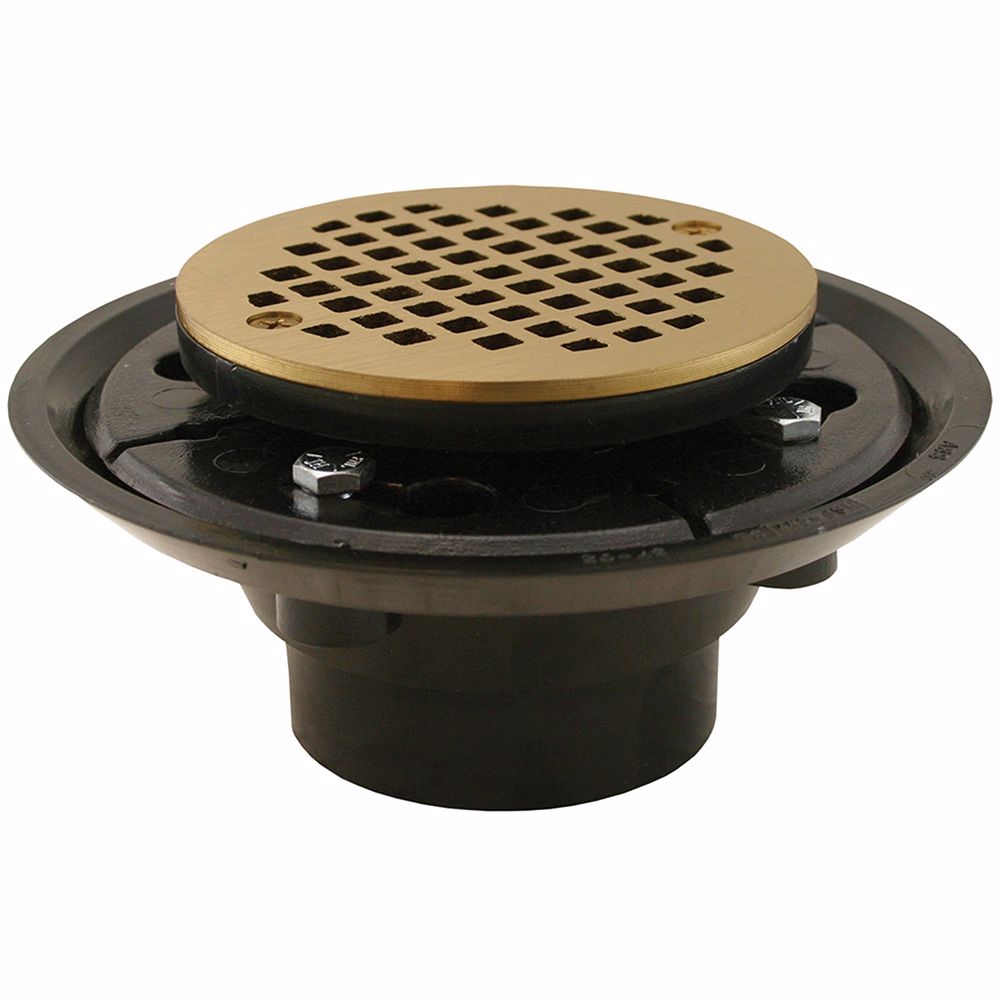 Jones Stephens D50332 2" x 3" ABS Shower Drain with 2" ABS Spud and 4" Round Polished Brass Cast Strainer