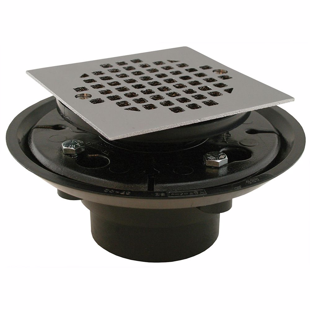 Jones Stephens D50334 2" x 3" ABS Shower Drain with 2" ABS Spud and 4" Square Chrome Plated Cast Strainer