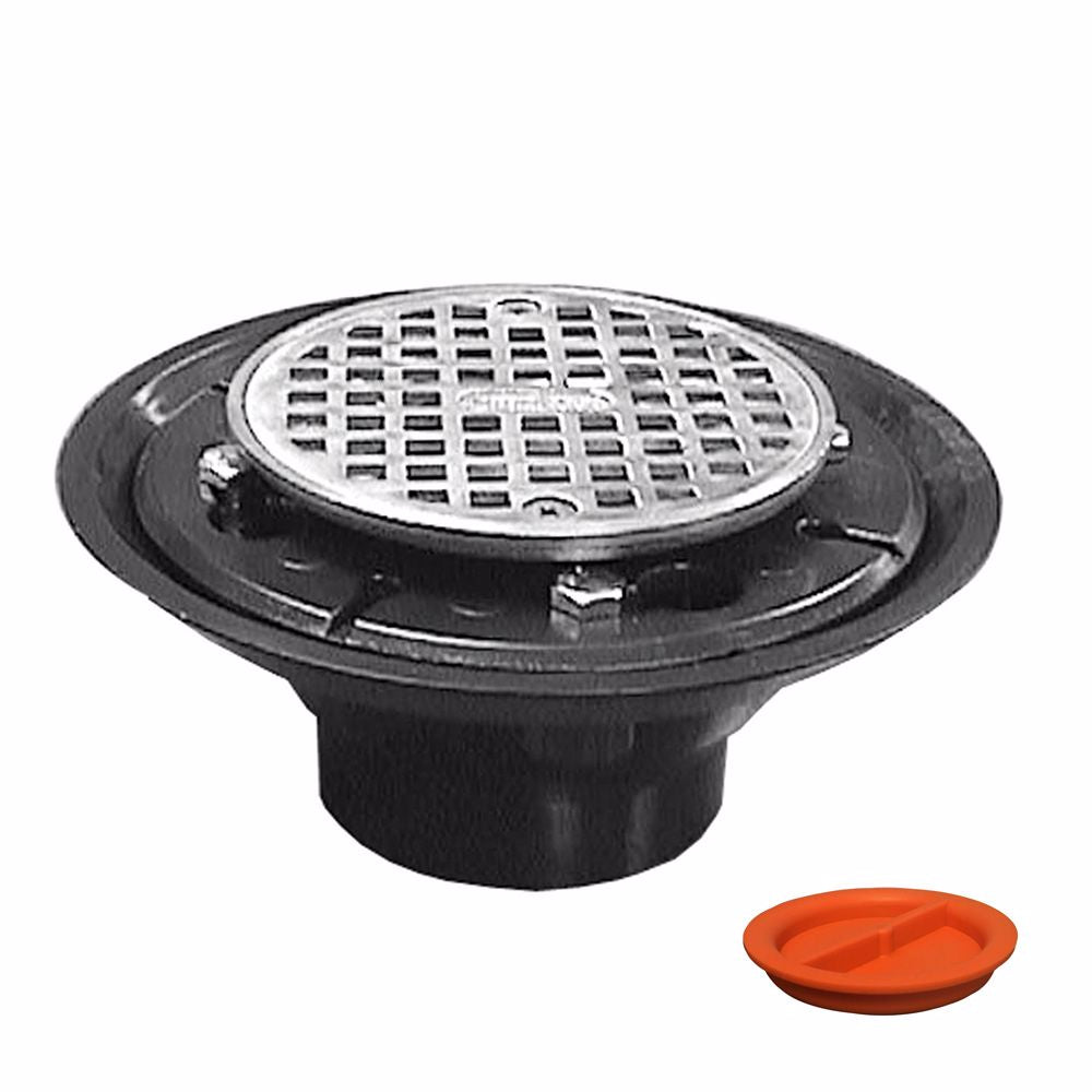 Jones Stephens D50401TP 2" x 3" ABS Shower Drain with 2" Brass Spud and 4" Round Stainless Steel Strainer with Test Plug