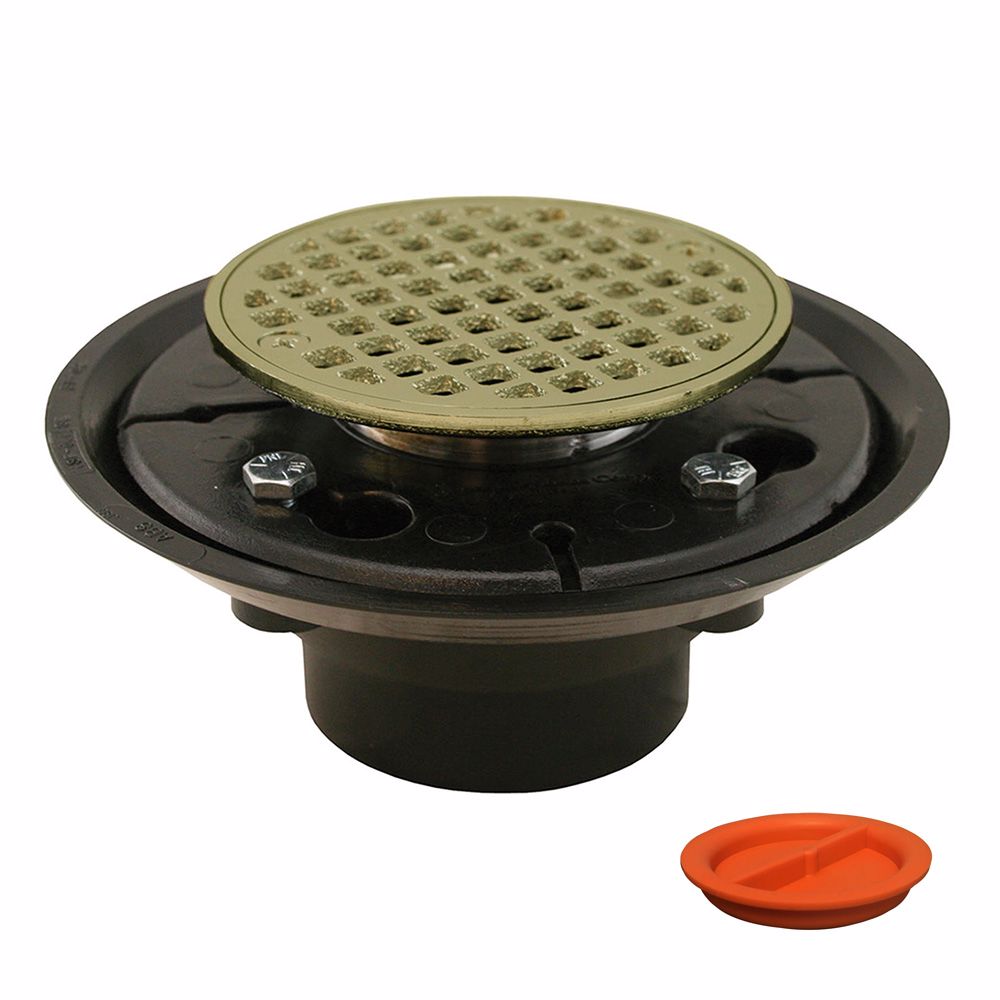 Jones Stephens D50402TP 2" x 3" ABS Shower Drain with 2" Brass Spud and 4" Round Polished Brass Strainer with Test Plug