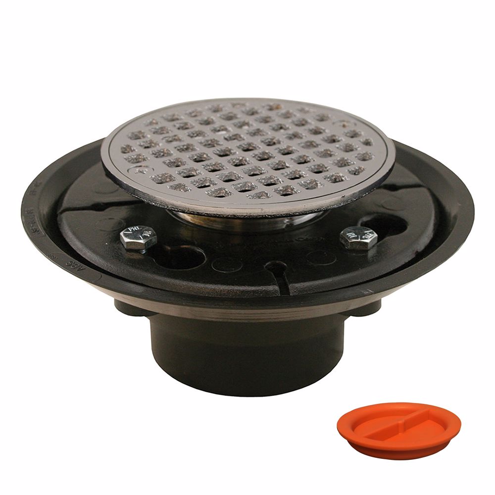 Jones Stephens D50411TP 2" x 3" ABS Shower Drain with 2" Brass Spud and 4" Round Chrome Plated Strainer with Test Plug