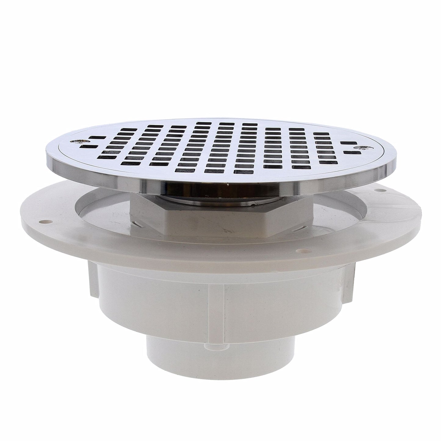 Jones Stephens D50720 2" PVC Shower Drain with 2" Brass Spud and 6" Round Chrome Plated Strainer