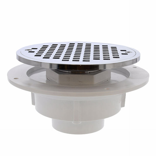 Jones Stephens D50720 2" PVC Shower Drain with 2" Brass Spud and 6" Round Chrome Plated Strainer