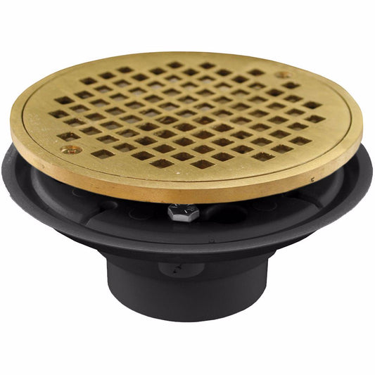 Jones Stephens D50802 2" x 3" PVC Shower Drain with 2" Brass Spud and 6" Round Polished Brass Strainer