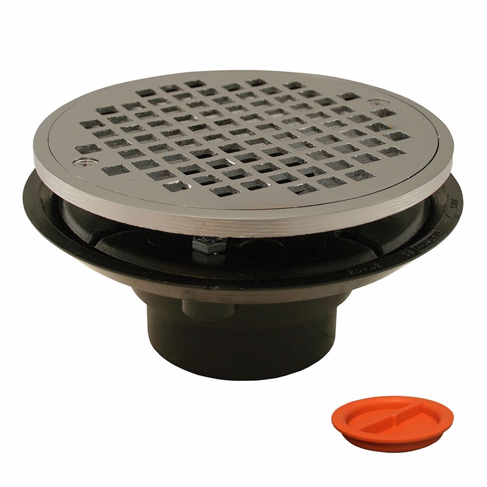 Jones Stephens D50830TP 2" x 3" ABS Shower Drain with 2" Brass Spud and 6" Round Chrome Plated Strainer with Test Plug