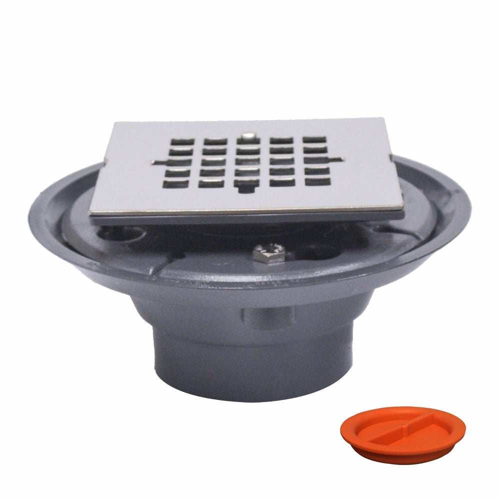 Jones Stephens D50888TP 2" x 3" PVC Shower Drain with 2" PVC Spud and 4" Square Stainless Steel Snap-In Strainer with Test Plug
