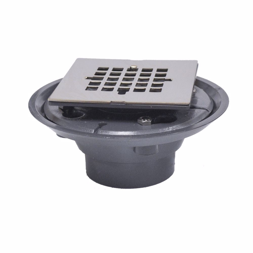Jones Stephens D5088BN 2" x 3" PVC Shower Drain with 2" PVC Spud and 4" Square Brushed Nickel Snap-In Strainer