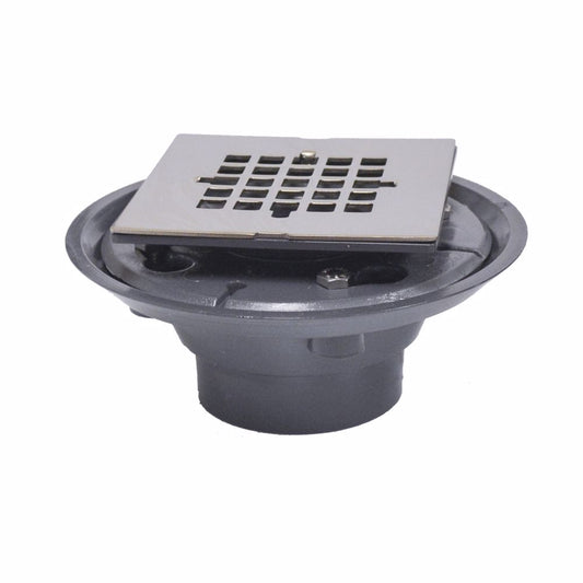 Jones Stephens D5088BN 2" x 3" PVC Shower Drain with 2" PVC Spud and 4" Square Brushed Nickel Snap-In Strainer