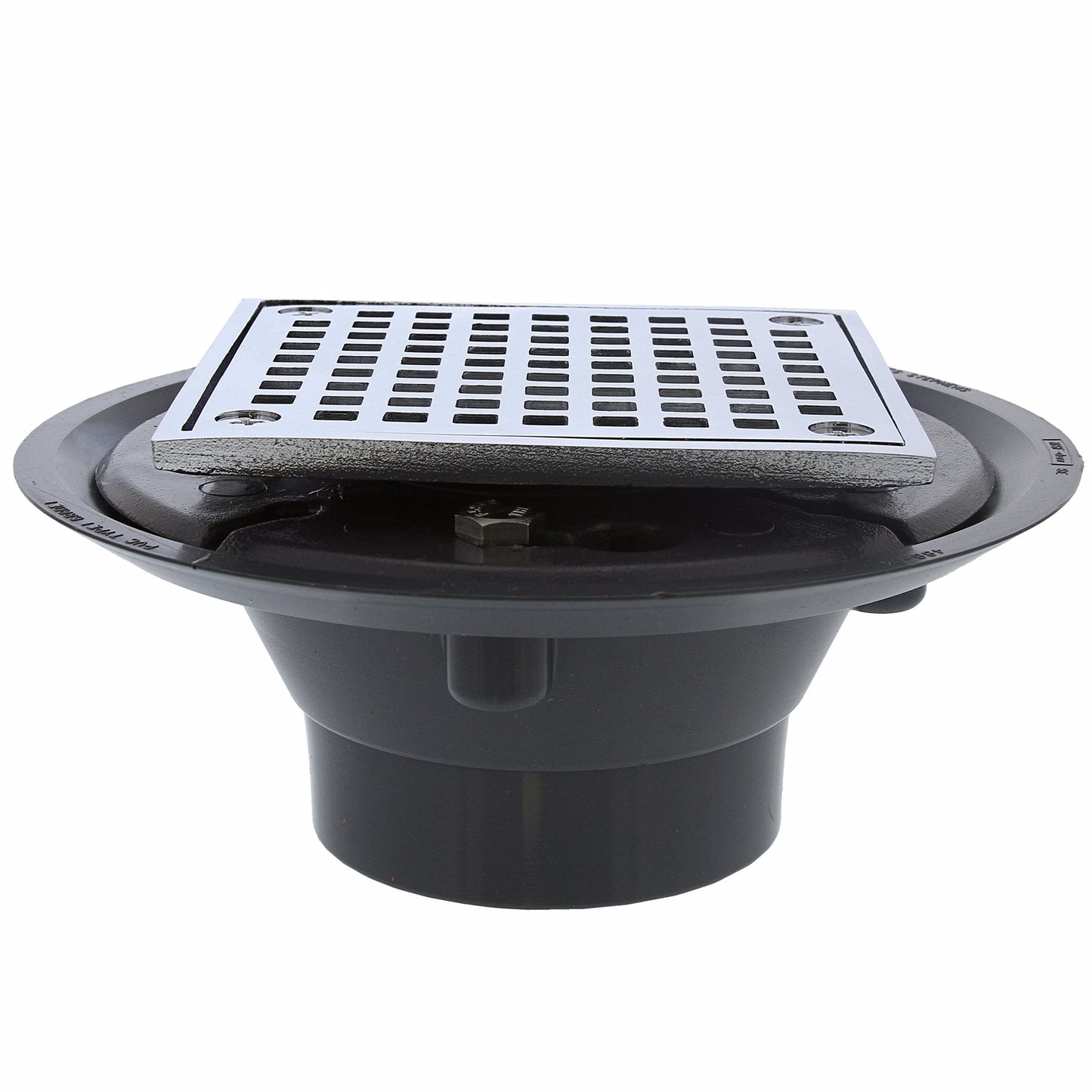 Jones Stephens D50942 2" x 3" PVC Shower Drain with 2" Brass Spud and 4-1/4" Square Chrome Plated Strainer with Grout Ring