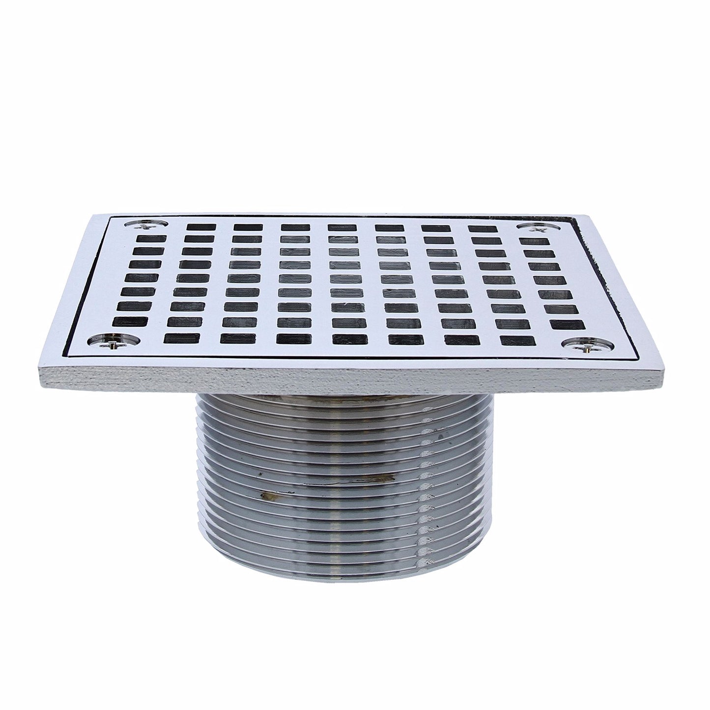 Jones Stephens D50942 2" x 3" PVC Shower Drain with 2" Brass Spud and 4-1/4" Square Chrome Plated Strainer with Grout Ring