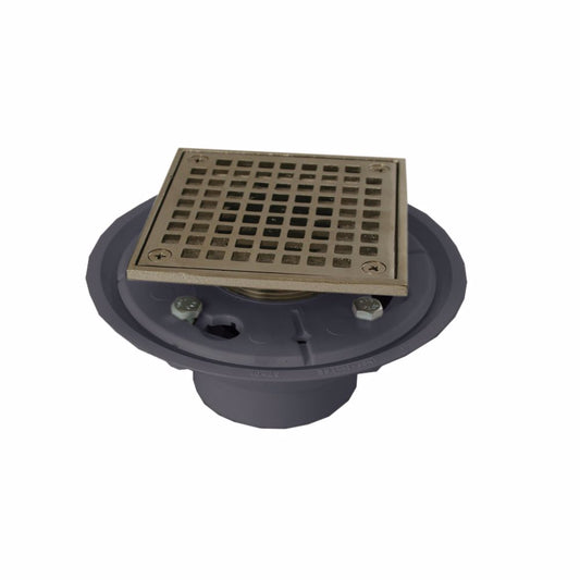 Jones Stephens D5094BN 2" x 3" PVC Shower Drain with 2" Brass Spud and 4-1/4" Square Brushed Nickel Strainer with Grout Ring