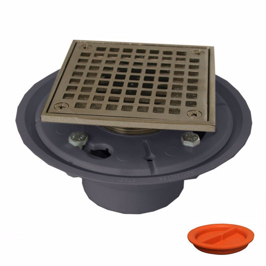 Jones Stephens D5094BNTP 2" x 3" PVC Shower Drain with 2" Brass Spud and 4-1/4" Square Brushed Nickel Strainer with Grout Ring and Test Plug
