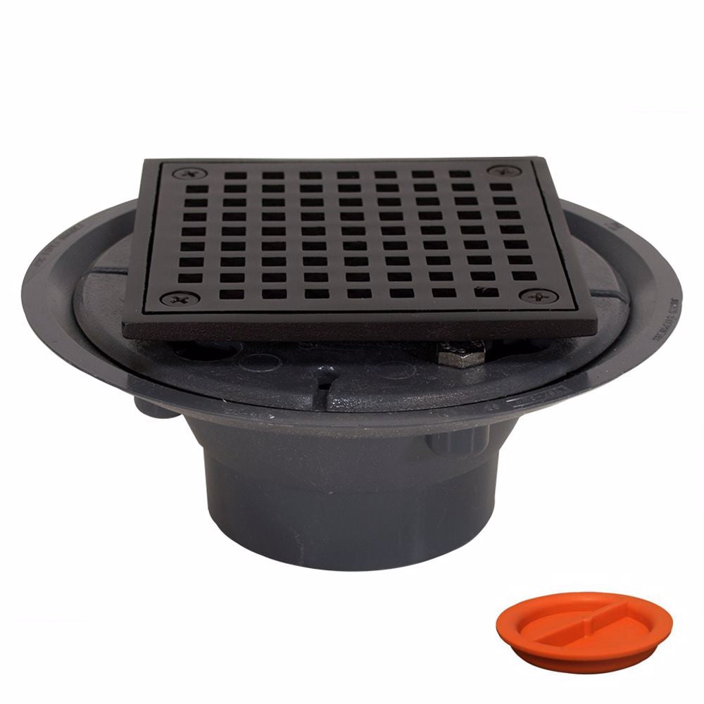 Jones Stephens D5094RBTP 2" x 3" PVC Shower Drain with 2" Brass Spud and 4-1/4" Square Oil Rubbed Bronze Strainer with Grout Ring and Test Plug