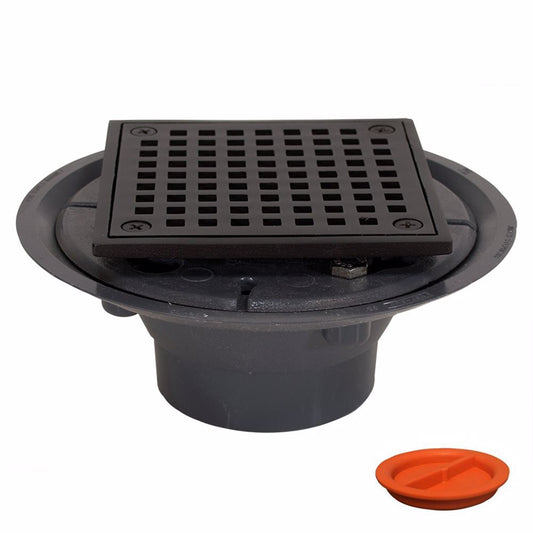 Jones Stephens D5094RBTP 2" x 3" PVC Shower Drain with 2" Brass Spud and 4-1/4" Square Oil Rubbed Bronze Strainer with Grout Ring and Test Plug