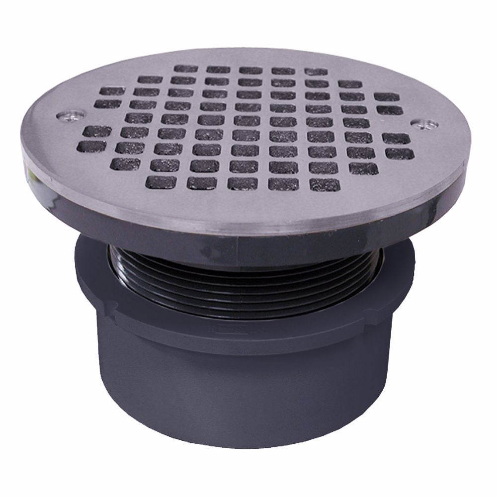 Jones Stephens D53003 4" PVC Hub Fit Drain Base with 3-1/2" Plastic Spud and 6" Chrome Plated Strainer