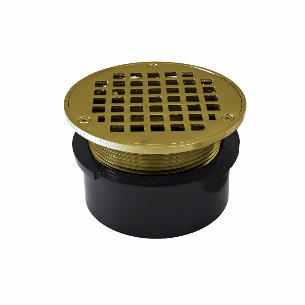 Jones Stephens D53009 4" ABS Hub Fit Drain Base with 3-1/2" Metal Spud and 6" Polished Brass Strainer