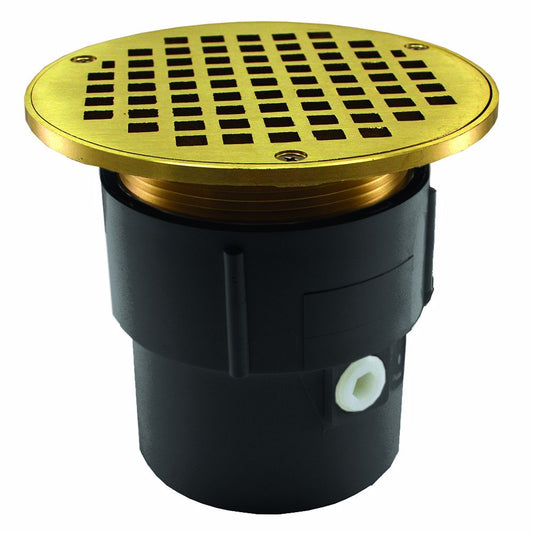 Jones Stephens D53031 3" x 4" PVC Pipe Fit Drain Base with 3-1/2" Metal Spud and 8" Polished Brass Strainer