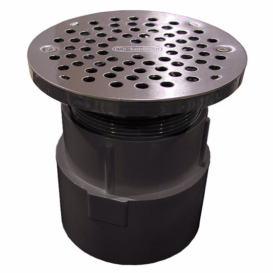 Jones Stephens D53040 4" PVC Over Pipe Fit Drain Base with 3-1/2" Plastic Spud and 6" Stainless Steel Strainer