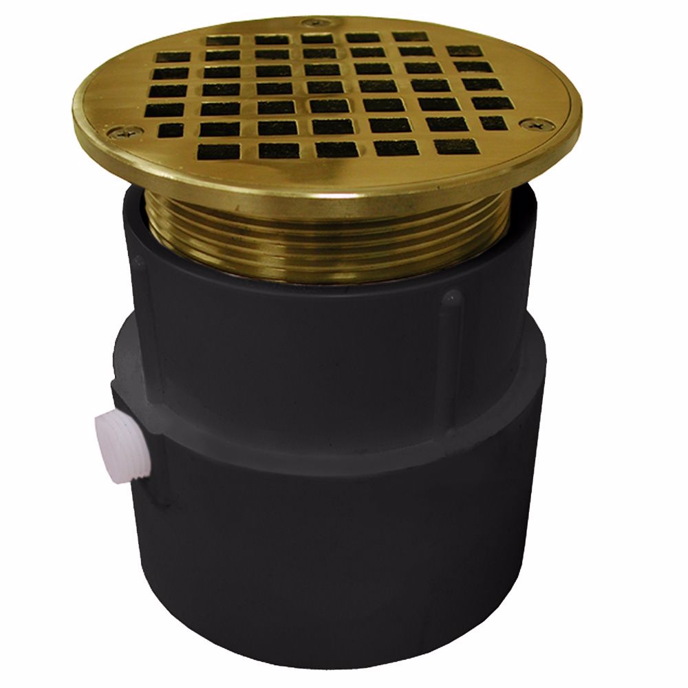 Jones Stephens D53051 4" PVC Over Pipe Fit Drain Base with 3-1/2" Metal Spud and 8" Polished Brass Strainer