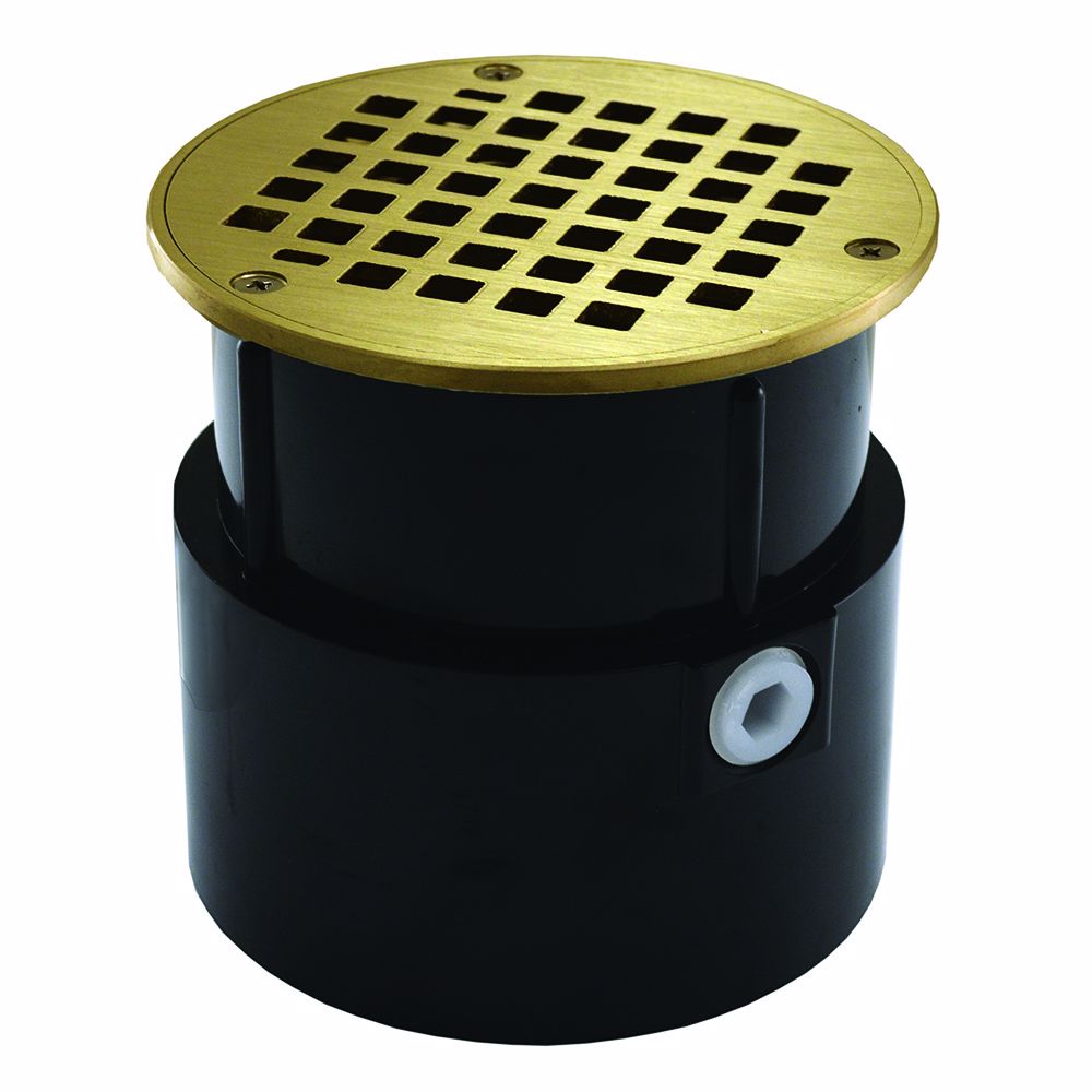 Jones Stephens D53055 4" ABS Over Pipe Fit Drain Base with 3-1/2" Metal Spud and 6" Polished Brass Strainer