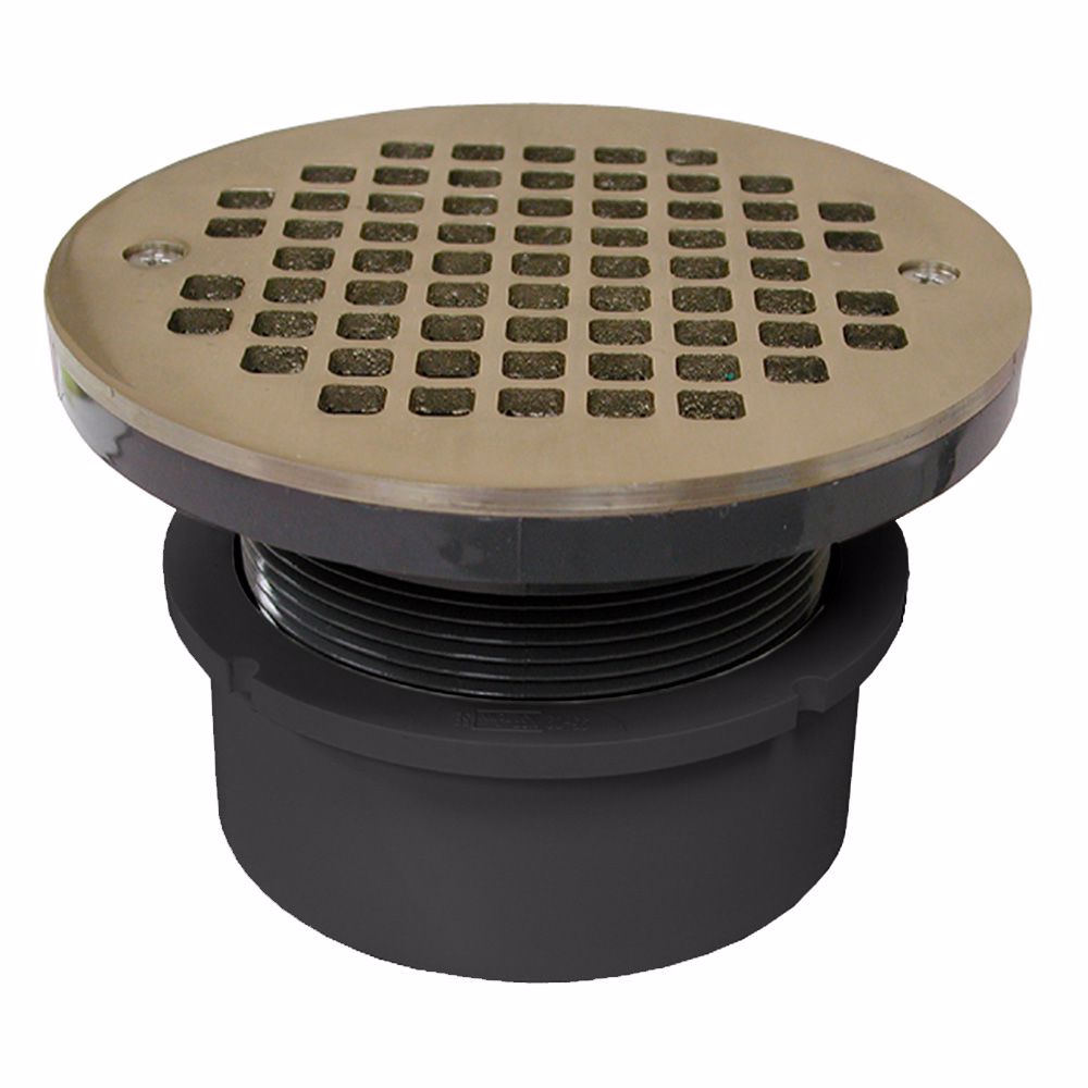 Jones Stephens D53058 4" PVC Hub Fit Drain Base with 3-1/2" Plastic Spud and 5" Nickel Bronze Strainer