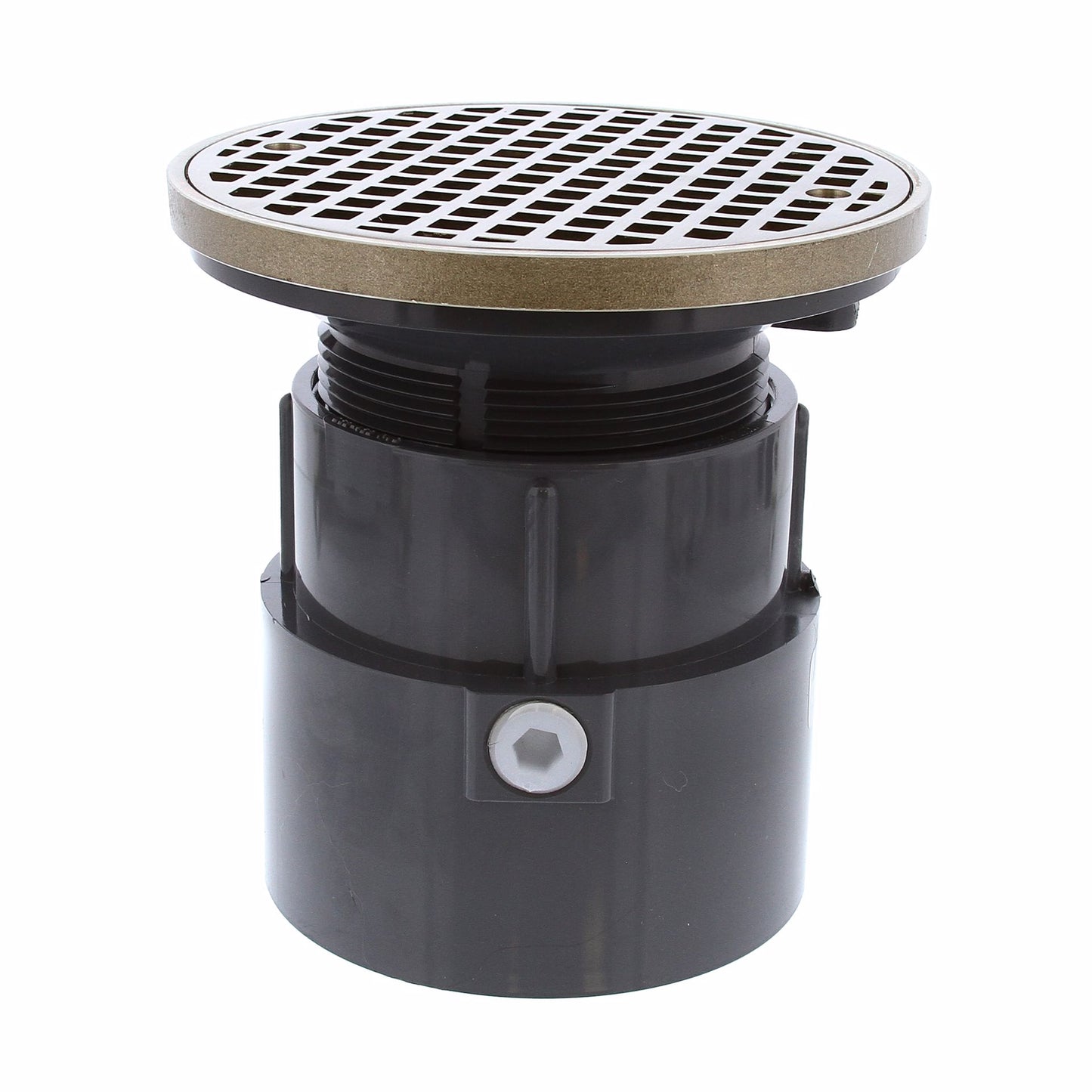 Jones Stephens D53090 4" PVC Over Pipe Fit Drain Base with 3-1/2" Plastic Spud and 6" Nickel Bronze Strainer with Ring