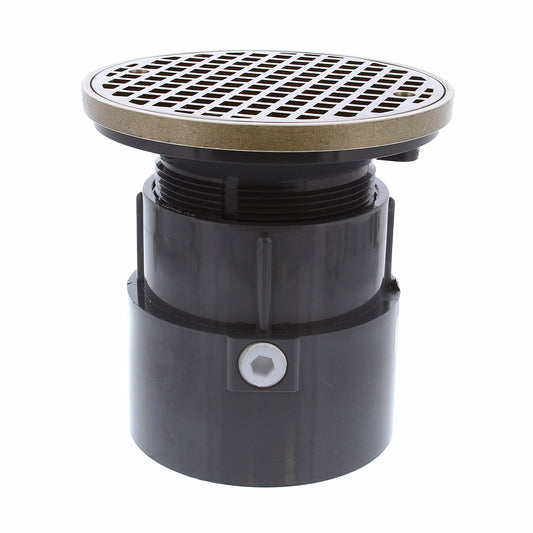 Jones Stephens D53090 4" PVC Over Pipe Fit Drain Base with 3-1/2" Plastic Spud and 6" Nickel Bronze Strainer with Ring