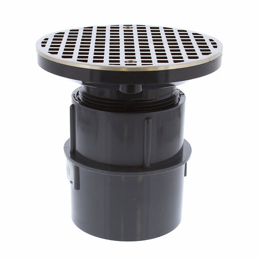 Jones Stephens D53106 3" PVC Over Pipe Fit Drain Base with 3" Plastic Spud and 6" Nickel Bronze Strainer