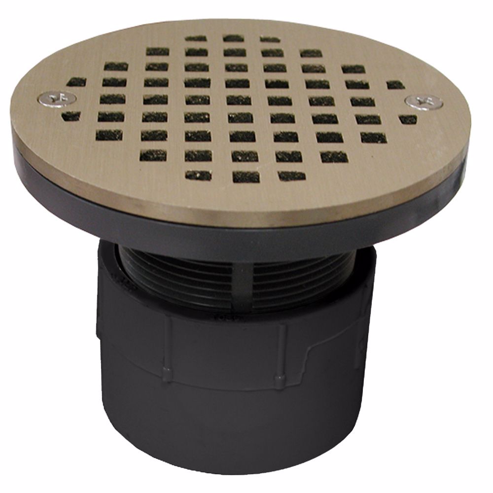 Jones Stephens D53198 2" PVC Over Pipe Fit Drain Base with 2" Plastic Spud and 4" Nickel Bronze Strainer