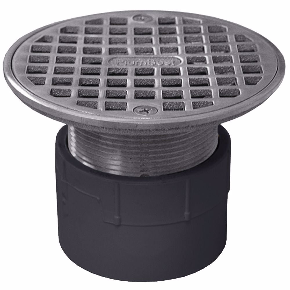 Jones Stephens D53206 2" PVC Over Pipe Fit Drain Base with 2" Metal Spud and 4" Chrome Plated Strainer