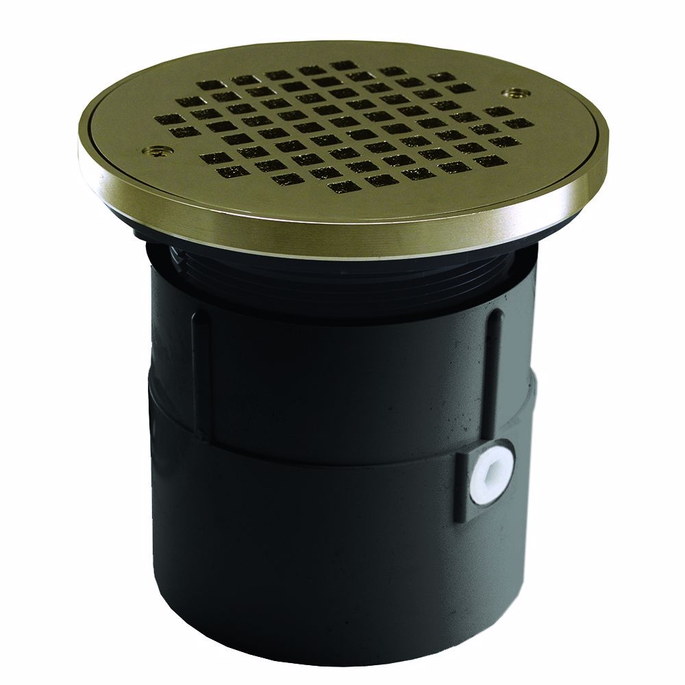 Jones Stephens D53266 4" PVC Over Pipe Fit Drain Base with 4" Plastic Spud and 6" Nickel Bronze Strainer with Ring