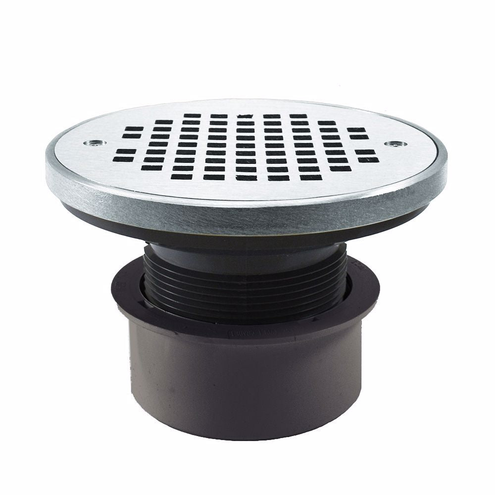 Jones Stephens D53292 4" PVC Inside Pipe Fit Drain Base with 3" Plastic Spud and 6" Chrome Plated Strainer with Ring