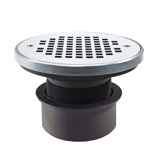 Jones Stephens D53292 4" PVC Inside Pipe Fit Drain Base with 3" Plastic Spud and 6" Chrome Plated Strainer with Ring