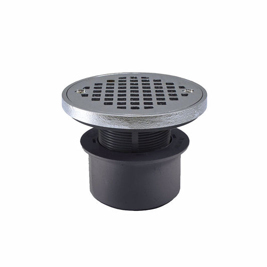 Jones Stephens D53294 3" PVC Inside Pipe Fit Drain Base with 2" Plastic Spud and 4" Chrome Plated Strainer with Ring