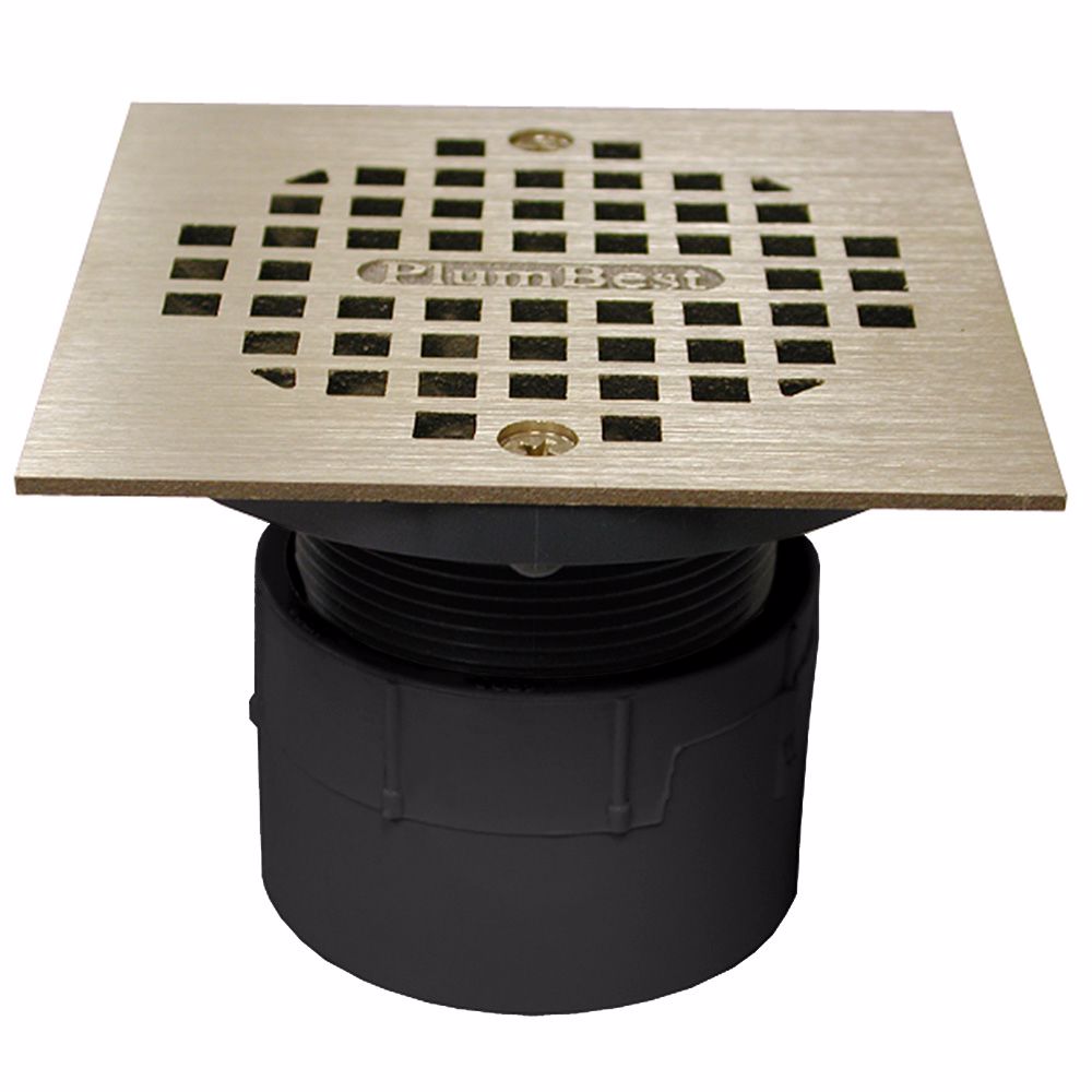 Jones Stephens D53298 2" PVC Over Pipe Fit Drain Base with 2" Plastic Spud and 4" Polished Brass Strainer