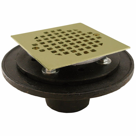 Jones Stephens D60412 2" FIP Shower/Floor Drain with 6-1/2" Pan and 4" Polished Brass Cast Square Strainer