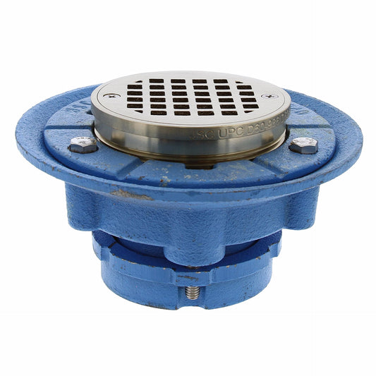 Jones Stephens D65400 2” Cast Iron No Caulk Floor Drain with 7” Pan and 4” Polished Brass Strainer
