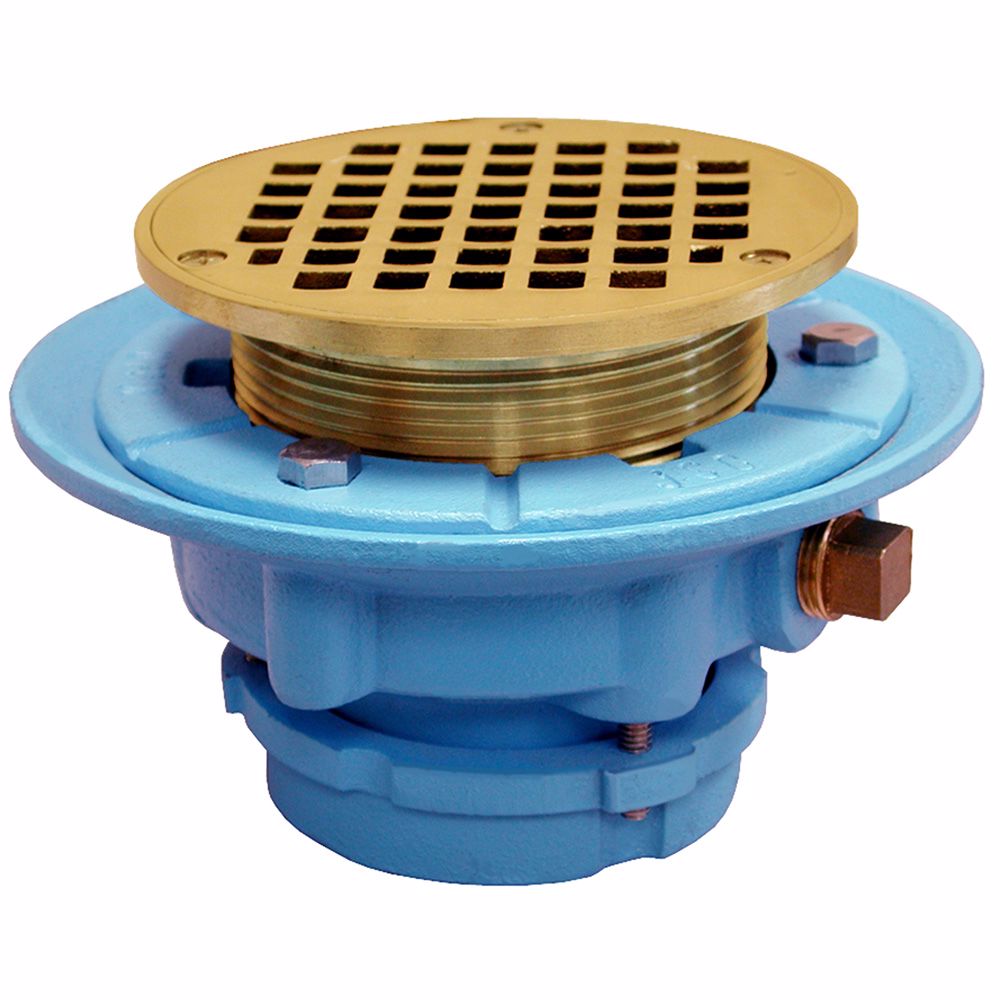 Jones Stephens D65501 2" No Caulk Mechanical Joint Code Blue Floor Drain with 7" Pan and 5" Polished Brass Round Strainer - Height 4" - 5"