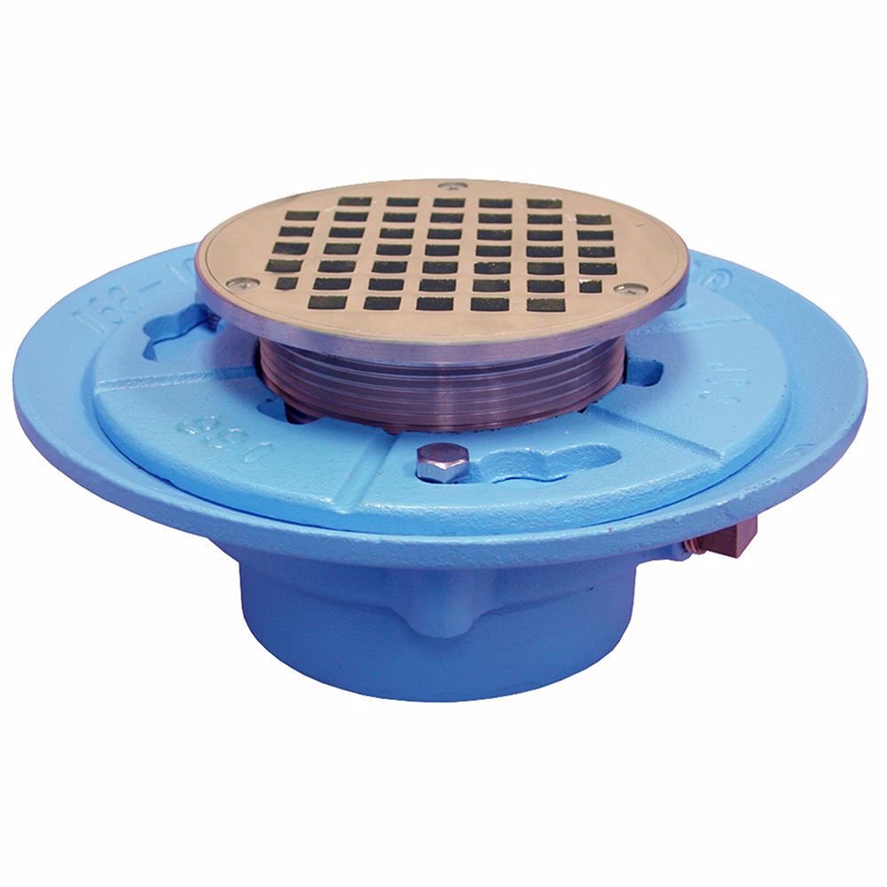 Jones Stephens D65563 2" No Hub Code Blue Floor Drain with 7" Pan and 6" Nickel Bronze Round Strainer - Height 4" - 5-1/4"