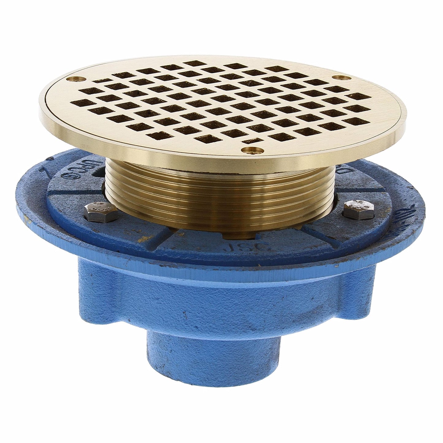 Jones Stephens D65564 2" No Hub Code Blue Floor Drain with 7" Pan and 6" Polished Brass Round Strainer - Height 4" - 5-1/4"