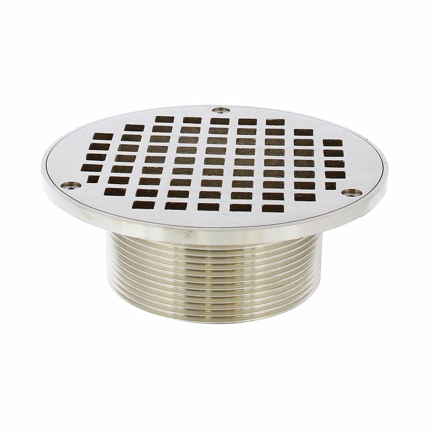Jones Stephens D65564 2" No Hub Code Blue Floor Drain with 7" Pan and 6" Polished Brass Round Strainer - Height 4" - 5-1/4"
