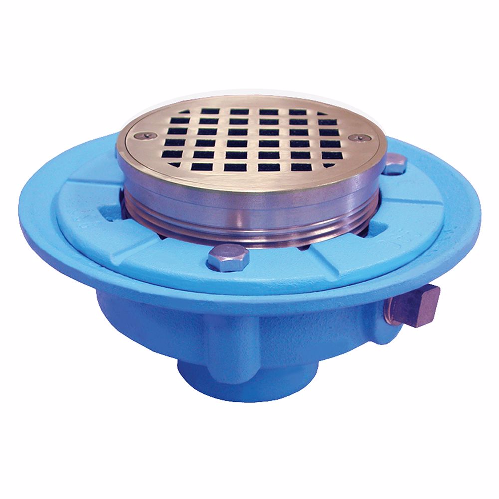Jones Stephens D65601 4" No Hub Code Blue Floor Drain with 7" Pan and 5" Polished Brass Round Strainer - Height 3-1/2" - 4-3/4"