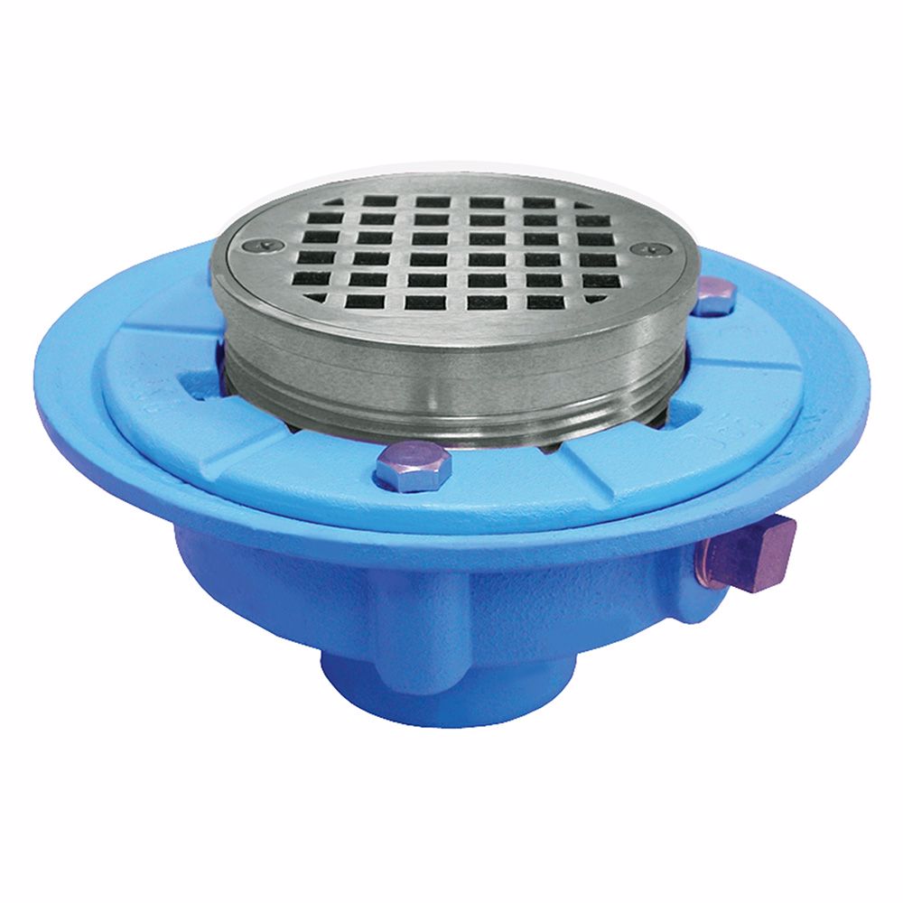 Jones Stephens D65602 4" No Hub Code Blue Floor Drain with 7" Pan and 5" Chrome Plated Round Strainer - Height 3-1/2" - 4-3/4"