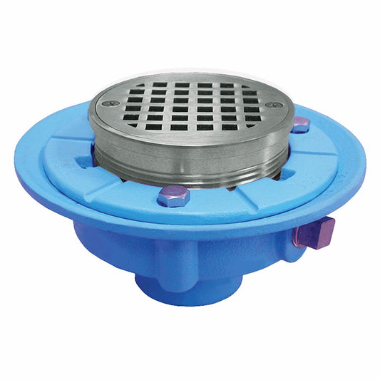 Jones Stephens D65605 4" No Hub Code Blue Floor Drain with 7" Pan and 6" Chrome Plated Round Strainer - Height 3-3/4" - 5"