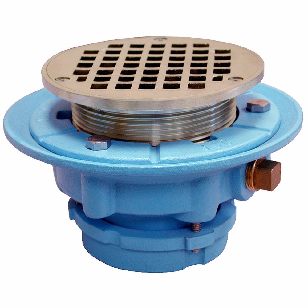 Jones Stephens D65661 2" No Caulk Mechanical Joint Code Blue Floor Drain with 7" Pan and 4" Nickel Bronze Round Strainer - Height 4" - 4-13/16"