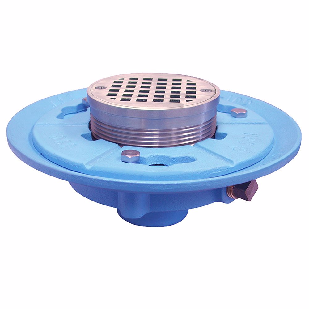 Jones Stephens D65665 2" IPS Code Blue Floor Drain with 7" Pan and 4" Nickel Bronze Round Strainer - Height 3-3/16" - 4-3/16"