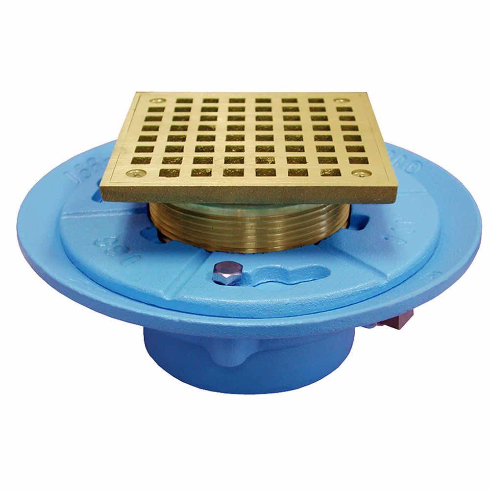 Jones Stephens D66571 2" No Hub Code Blue Floor Drain with 9" Pan and 5" Polished Brass Square Strainer - Height 3-7/8" - 5-7/8"