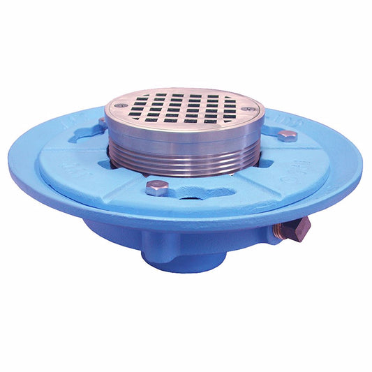 Jones Stephens D66620 2" IPS Code Blue Floor Drain with 9" Pan and 5" Nickel Bronze Round Strainer - Height 3-1/2" - 5-1/8"