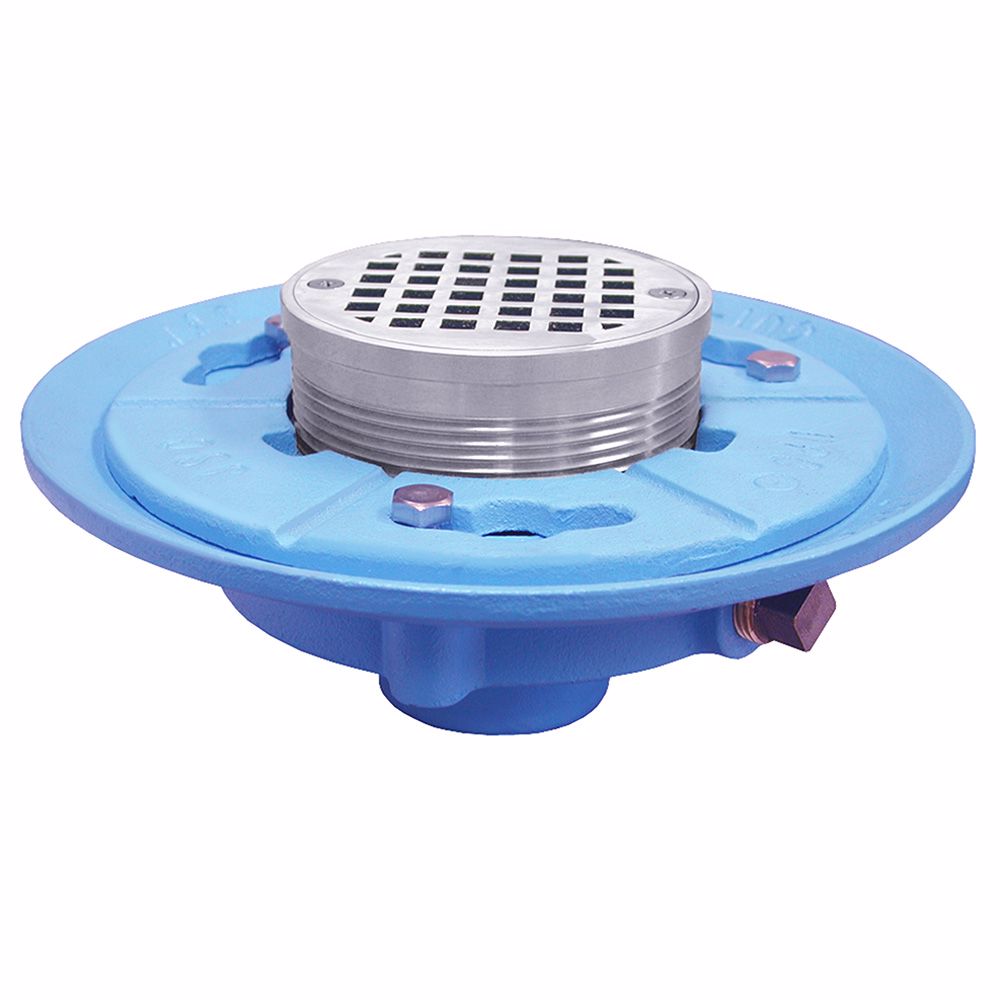 Jones Stephens D66625 2" IPS Code Blue Floor Drain with 9" Pan and 6" Chrome Plated Round Strainer - Height 3-5/8" - 5-5/8"